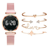 5pcs Set Bracelet Watch Women Luxury Digital Magnet Rose Gold Stainless Steel Led Quartz Watches Relogio Feminino Dropshipping