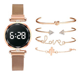 5pcs Set Bracelet Watch Women Luxury Digital Magnet Rose Gold Stainless Steel Led Quartz Watches Relogio Feminino Dropshipping