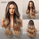 HENRY MARGU Ombre Brown Blonde Wig Long Deep Wavy Synthetic Wig with Bangs for Women Cosplay Party Heat Resistant False Hair