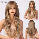 HENRY MARGU Ombre Brown Blonde Wig Long Deep Wavy Synthetic Wig with Bangs for Women Cosplay Party Heat Resistant False Hair