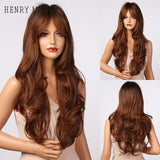 HENRY MARGU Ombre Brown Blonde Wig Long Deep Wavy Synthetic Wig with Bangs for Women Cosplay Party Heat Resistant False Hair