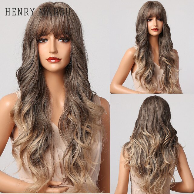 HENRY MARGU Ombre Brown Blonde Wig Long Deep Wavy Synthetic Wig with Bangs for Women Cosplay Party Heat Resistant False Hair