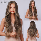 HENRY MARGU Ombre Brown Blonde Wig Long Deep Wavy Synthetic Wig with Bangs for Women Cosplay Party Heat Resistant False Hair