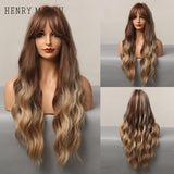 HENRY MARGU Ombre Brown Blonde Wig Long Deep Wavy Synthetic Wig with Bangs for Women Cosplay Party Heat Resistant False Hair