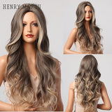 HENRY MARGU Ombre Brown Blonde Wig Long Deep Wavy Synthetic Wig with Bangs for Women Cosplay Party Heat Resistant False Hair