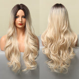 Xpoko Ombre Brown Champagne Blonde Highlight Long Loose Wave Synthetic Hair Wig Natural Fake Hair for Women Heat Resistant