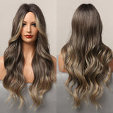 Xpoko Ombre Brown Champagne Blonde Highlight Long Loose Wave Synthetic Hair Wig Natural Fake Hair for Women Heat Resistant