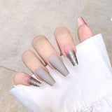 Xpoko 24pcs Glitter Detachable False Nails Ballerina Pink Wearable Fake Nails Full Cover Nail Tips fake nail with design Manicure Tool