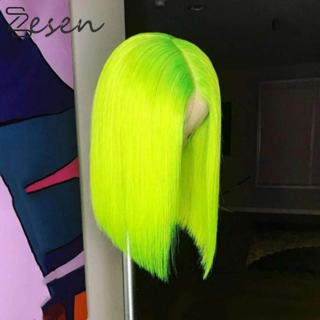 Xpoko Zesen 13*4 Synthetic Lace Front Wig Straight Hair Bob Wigs Ombre Color and Green Color Lace Frontal Cosplay Short Wigs For Women