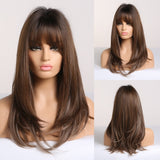 Xpoko Dark Brown Medium Long Bob Synthetic Wigs with Bangs Layered Hair Natural Straight Wigs for Women High Temperature