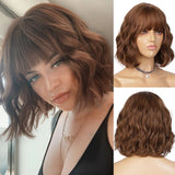 Xpoko Short Wavy Wig with Bangs Synthetic Wigs for Women Natural Brown Mixed Black Hair Bob Wig Daily Heat Resistant Fiber