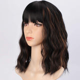 Xpoko Short Wavy Wig with Bangs Synthetic Wigs for Women Natural Brown Mixed Black Hair Bob Wig Daily Heat Resistant Fiber