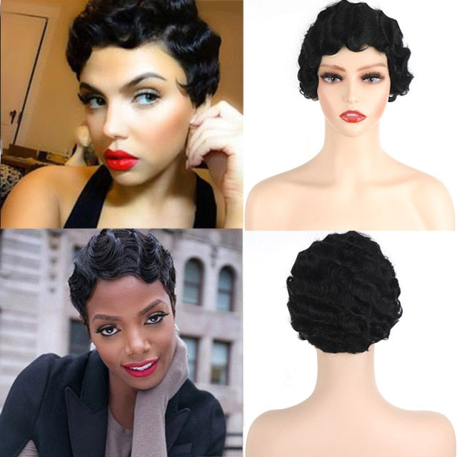 Xpoko Short Curly Cosplay Wig Black Finger Waves African Afro Natural Hair Synthetic Wigs For Black Women Heat Resistant