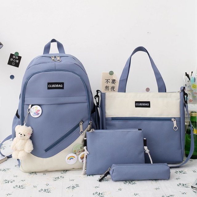 Back to school 4 pcs sets Casual Backpacks canvas Schoolbags For Teenager Girls Women Backpack Contrast Color Kawaii Student Kids Shoulder Bags