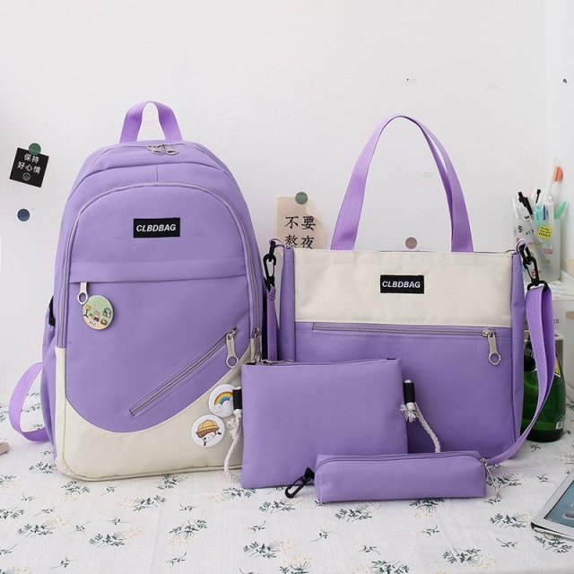 Back to school 4 pcs sets Casual Backpacks canvas Schoolbags For Teenager Girls Women Backpack Contrast Color Kawaii Student Kids Shoulder Bags