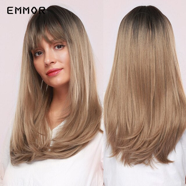 Emmor Synthetic Hair Wigs with Bangs Long Straight Wigs for Women Heat Resistant Ombre Black Brown Golden Blonde Cosplay Wigs
