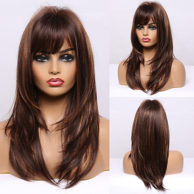 Black Dark Brown Long Straight Bob Synthetic Wigs with Bangs Cosplay Party Daily Heat Resistant Hair Wigs for Black Women