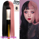 Leeons Lolita Cosplay Wig Half Green Half Black Wig Long Straight Wig With Bangs Cosplay Wig Two Tone Ombre Wigs Synthetic Wigs