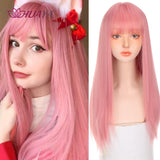 Xpoko back to school Long Straight Pink Wig With Bangs Heat Resistant Synthetic Hair Girl Halloween Lolita Cosplay Wig or Daily Party FalseHair
