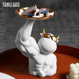 Home Decor Abstract Muscle Cow Figurine With Tray Desk Storage Statue TV Cabinet Ornaments Sculpture Home Room Decoration Gifts