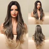 Ombre Blonde White Highlight Long Wave Wigs Middle Part Synthetic Wigs for Women Heat Resistant Party Cospaly Wig