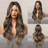 Ombre Blonde White Highlight Long Wave Wigs Middle Part Synthetic Wigs for Women Heat Resistant Party Cospaly Wig