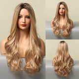 Ombre Blonde White Highlight Long Wave Wigs Middle Part Synthetic Wigs for Women Heat Resistant Party Cospaly Wig