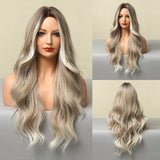 Ombre Blonde White Highlight Long Wave Wigs Middle Part Synthetic Wigs for Women Heat Resistant Party Cospaly Wig