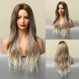 Ombre Blonde White Highlight Long Wave Wigs Middle Part Synthetic Wigs for Women Heat Resistant Party Cospaly Wig