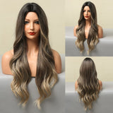 Ombre Blonde White Highlight Long Wave Wigs Middle Part Synthetic Wigs for Women Heat Resistant Party Cospaly Wig