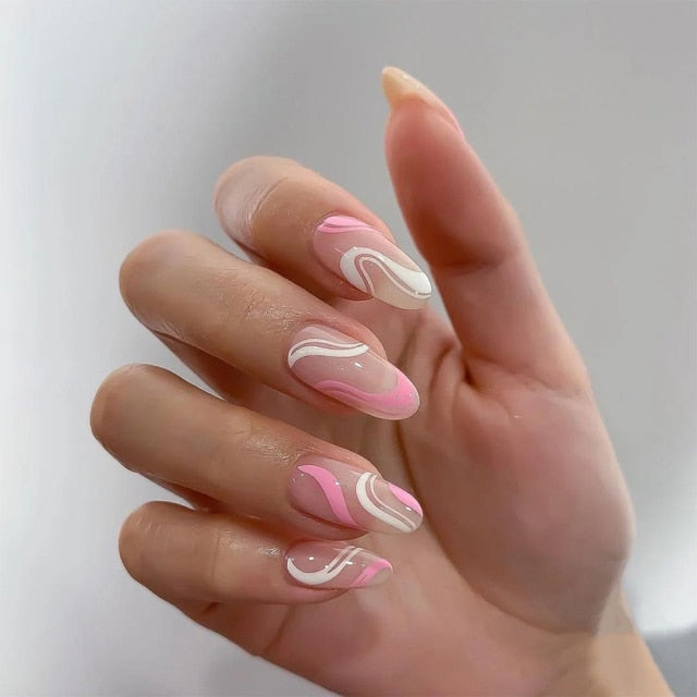 Detachable Almond Pink And White False Nails Wavy Style Stiletto Fake Nails Ballerina Coffin Full Cover Manicure Tool 24Pcs/Box2022513