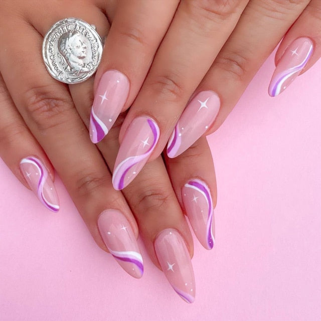 Detachable Almond Pink And White False Nails Wavy Style Stiletto Fake Nails Ballerina Coffin Full Cover Manicure Tool 24Pcs/Box2022513