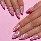 Detachable Almond Pink And White False Nails Wavy Style Stiletto Fake Nails Ballerina Coffin Full Cover Manicure Tool 24Pcs/Box