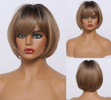Short Straight Brown Golden Blonde Ombre Synthetic Wigs With Bangs Women Cosplay Lolita Bob Hair Wig Heat Resistant