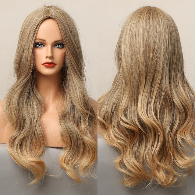 Long Honey Brown Synthetic Wigs with Side Bangs Natural Wave Wigs for Afro American Women Heat Resistant Cosplay Party Daily Use
