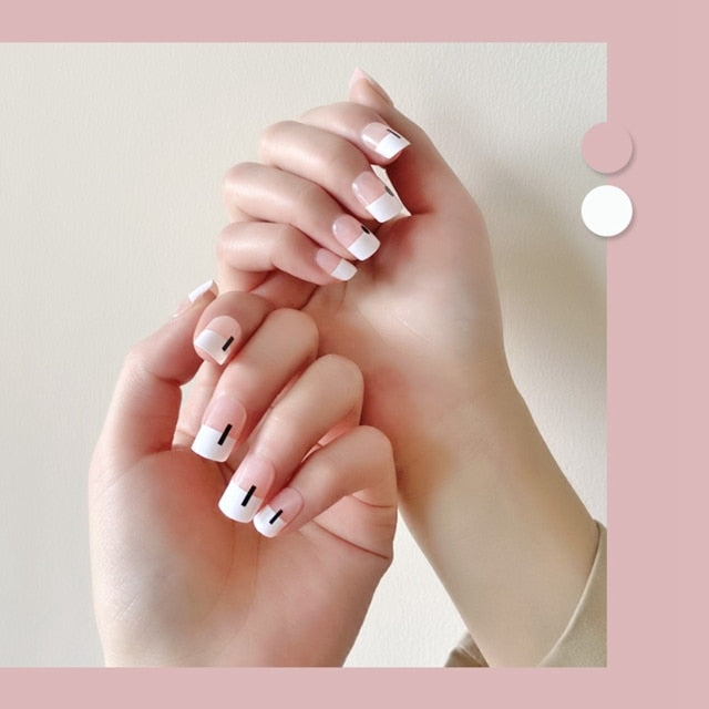 24Pcs Alomond Fake Nails Press On for women Bride White Flower designs Artificial Nail tips full cover acryl False Nails