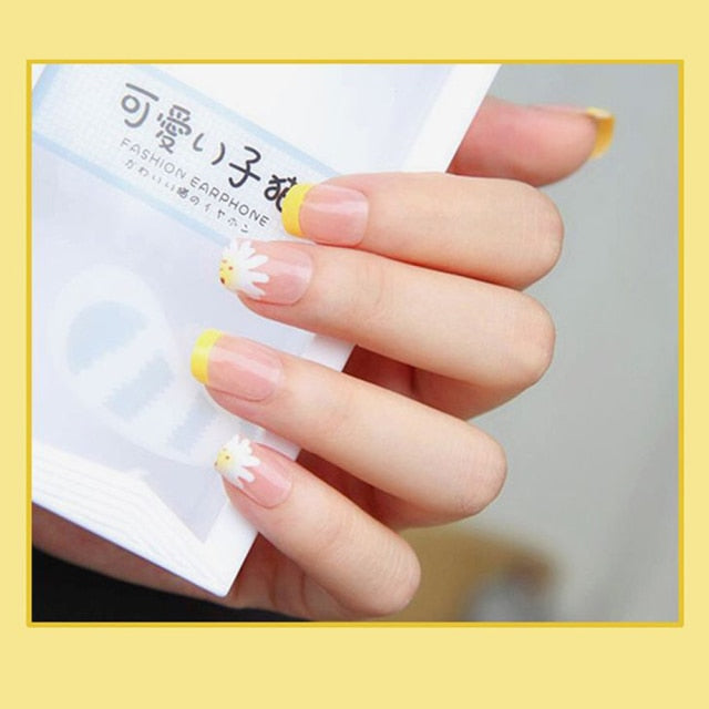 24Pcs Alomond Fake Nails Press On for women Bride White Flower designs Artificial Nail tips full cover acryl False Nails