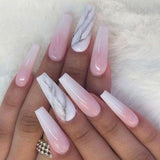 24pcs/Box Marble Line Long Coffin False Nails Ballerina Manicure Tool Press On Nails Full Cover Nail Tips Artificial Detachable-1