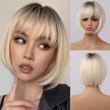 ALAN EATON Short Straight Ombre Brown Blonde Bob Wig With Bangs Synthetic Hair Wig for Women Cosplay Lolita Heat Resistant Fiber