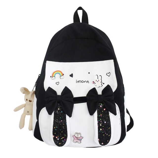 2021 Kawaii Rabbit Ears Women Backpack Bow Cute School Bag For Girls Patchwork Large Capacity Book Bag Female Travel Mochila