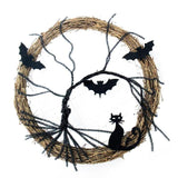 Xpoko 37CM Happy Halloween Wreath With LED Light Up Black Bat Cat Wreath Pendant Halloween Wreath Decoration For Home Party Supplies