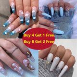 Buy 4 Get 1 Free Long Ballerina Fake Nails Sky Blue Beach Cloud/Sun moon Nails Ladies Press On Designed False Nail Tips Overhead