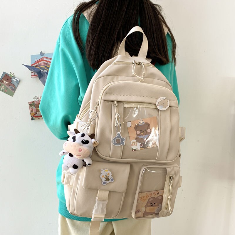 Back to school New Solid Color Cute Backpack Women Multifunctional Daily School Bag For Teen Girls Student Bag Kawaii Badge Backpack