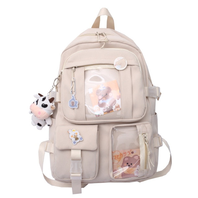 Back to school New Solid Color Cute Backpack Women Multifunctional Daily School Bag For Teen Girls Student Bag Kawaii Badge Backpack