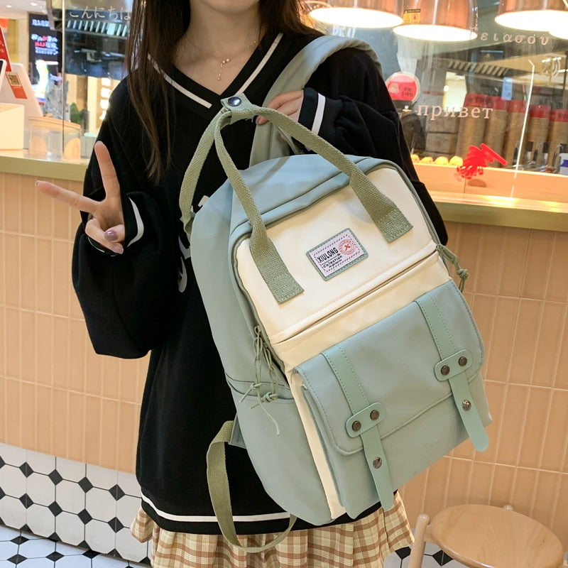Back to school Kawaii Women Nylon Backpack Fashion Waterproof School Bags for Teen Girls Patchwork Backpack Cute Student Bookbag Lady