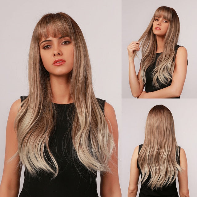 Long Ombre Brown Blonde Loose Wave Synthetic Wigs with Bangs for White Black Women Cosplay Natural Hair Heat Resistant
