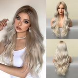 Ombre Blonde White Highlight Long Wave Wigs Middle Part Synthetic Wigs for Women Heat Resistant Party Cospaly Wig