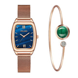 New stock! ! Women Watches Fashion Square Ladies Quartz Watch Bracelet Set Green Dial Simple Rose Gold Mesh Luxury Women Watches