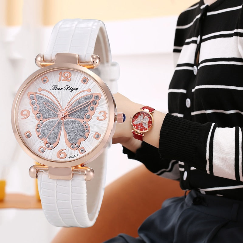 New Rhinestone Butterfly Dial Women Watches Fashion Leather Strap Quartz Watch Women Elegant Casual Ladies Wristwatch