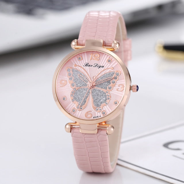 New Rhinestone Butterfly Dial Women Watches Fashion Leather Strap Quartz Watch Women Elegant Casual Ladies Wristwatch